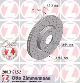 Вентильований гальмівний диск з перфорацією Otto Zimmermann 280.3171.52.