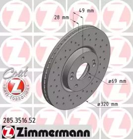 Вентилируемый тормозной диск с перфорацией на Kia Sorento 3 Otto Zimmermann 285.3516.52.